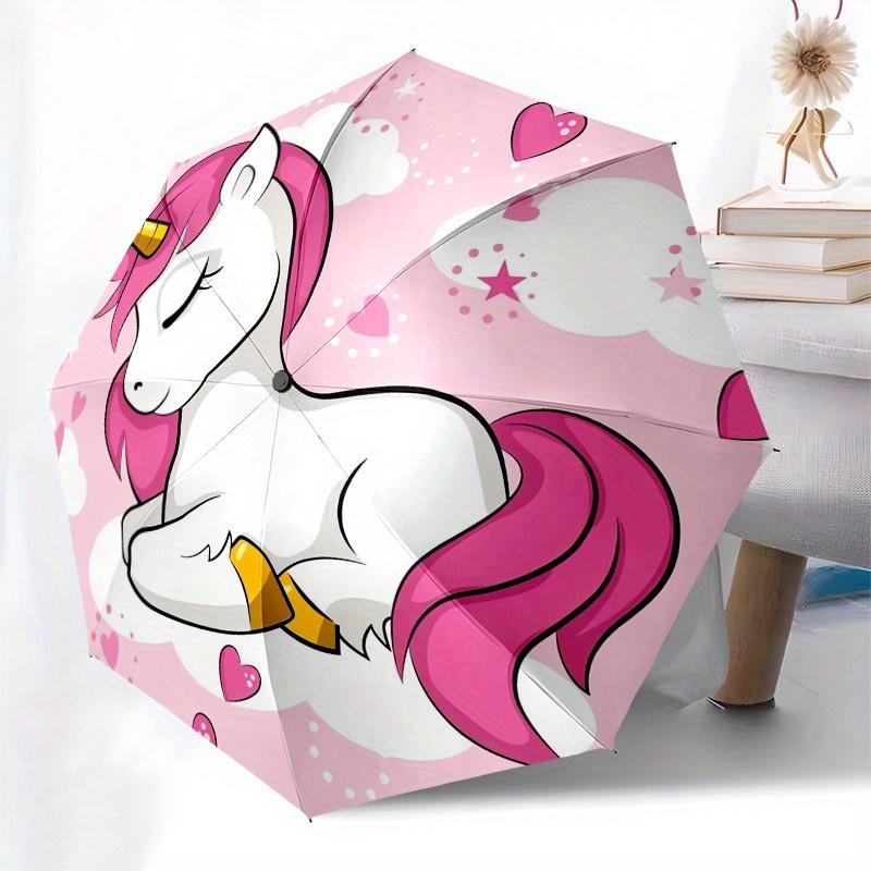 Unicorn, Hearts Automatic Folding Umbrella  8 Ribs, Durable Iron Frame, Bright Color Pattern Compact Travel Umbrella, Suitable for Outdoor,