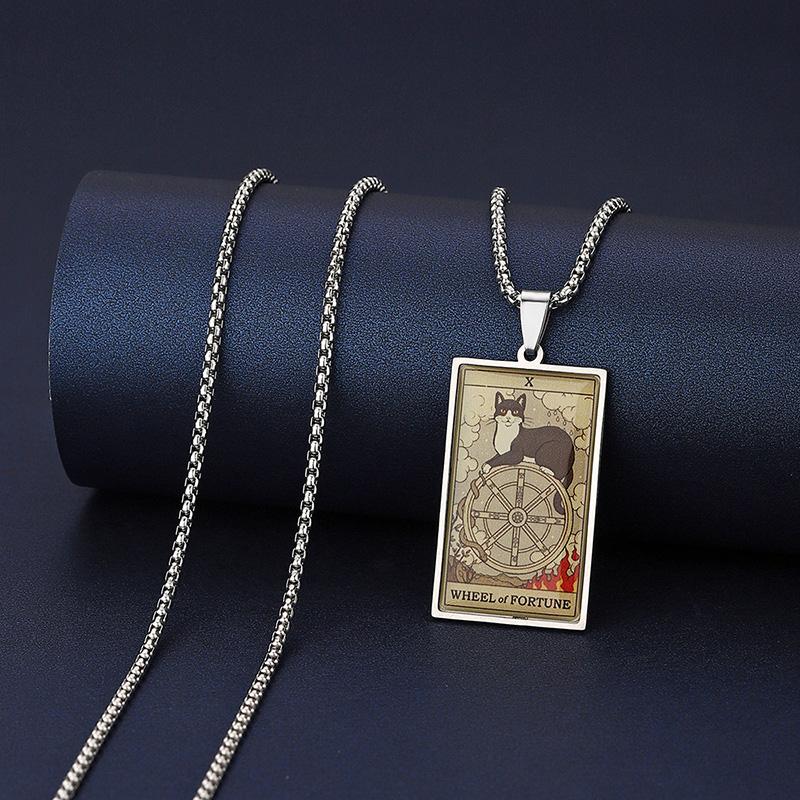 Stainless Steel Epoxy Cat Tarot Card Pendant Necklace For Men Boys Animal Divination Jewelry