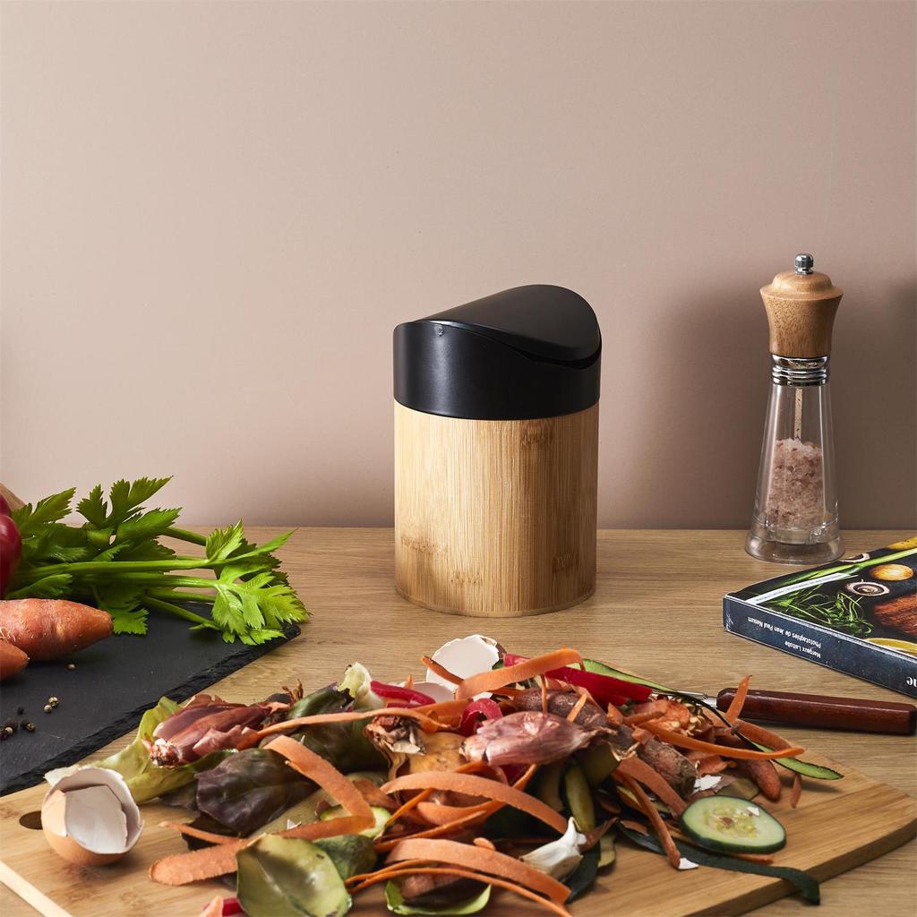 Mini Garbage Bin 1L Bamboo Black 11.8 × 11.8 X 17 Cm