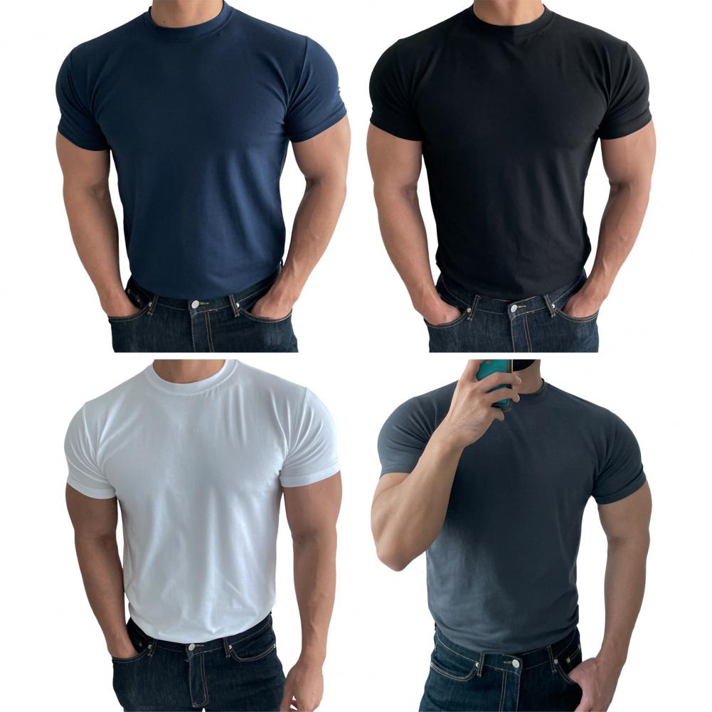 Summer Men Top Sweat Absorption Quick-drying Short Sleeves O Neck Slim Fit Solid Color Thin Breathable Elastic Casual Pullover D