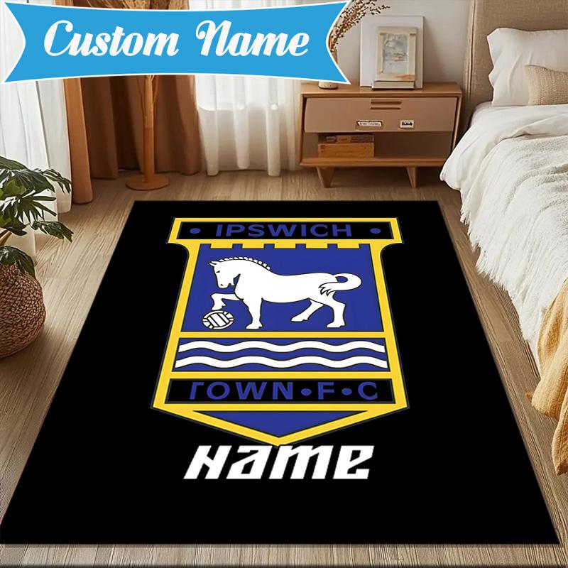 Custom Name Ipswich FC Crest Rug Game Carpet, Floor Mat for Bedroom Living Room Entryway Rug, Home Decor Idea Gift for Christmas birthday
