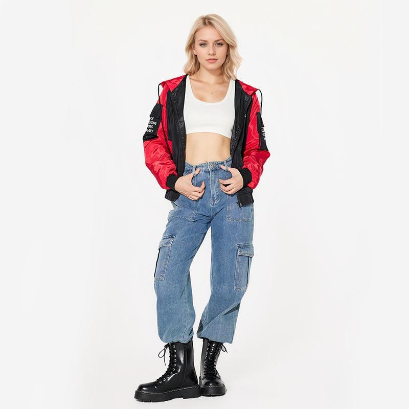 Women's Letter Printed Color Blocking Loose Hooded Long Sleeve Jacket