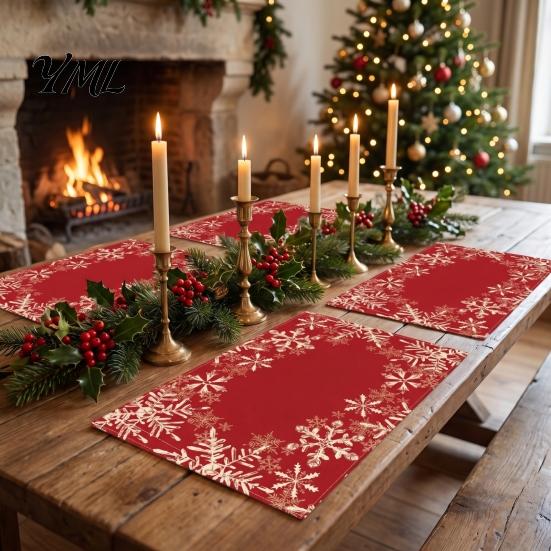 Holiday Party Supplies 4Pcs Christmas Linen Placemat Set, Cartoon Snowman Gingerbread Gnome Table Pattern Placemats Mat, Heat Resistant Place Mat for