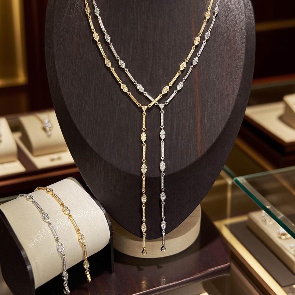 2025 Summer Sexy Women Jewelry Gold Plated Geometric CZ Paved Bar Triangle Stone Y Lariat Charm Necklace Bracelet Set