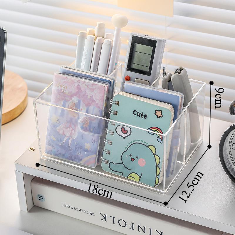 Large-Capacity Transparent Acrylic Pen Holder with Compartments for Office Stationery