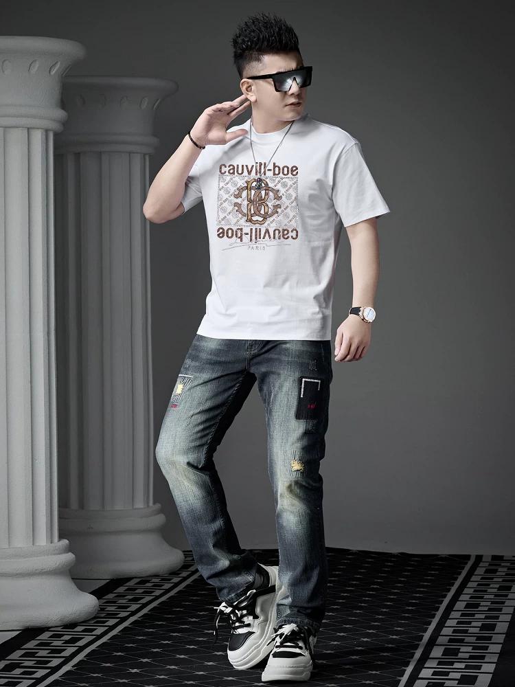 European Goods 2025 Summer New Men's round Neck Letter Print Hot Drilling Short sleeve T-shirt Fashion Brand Loose Half Sleeve Top