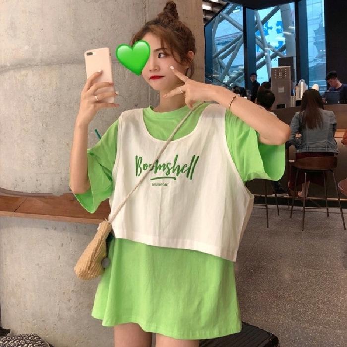 

Two-piece summer new embroidery letter loose BF style vest + short-sleeved T-shirt set women XXL світло-зелений колір