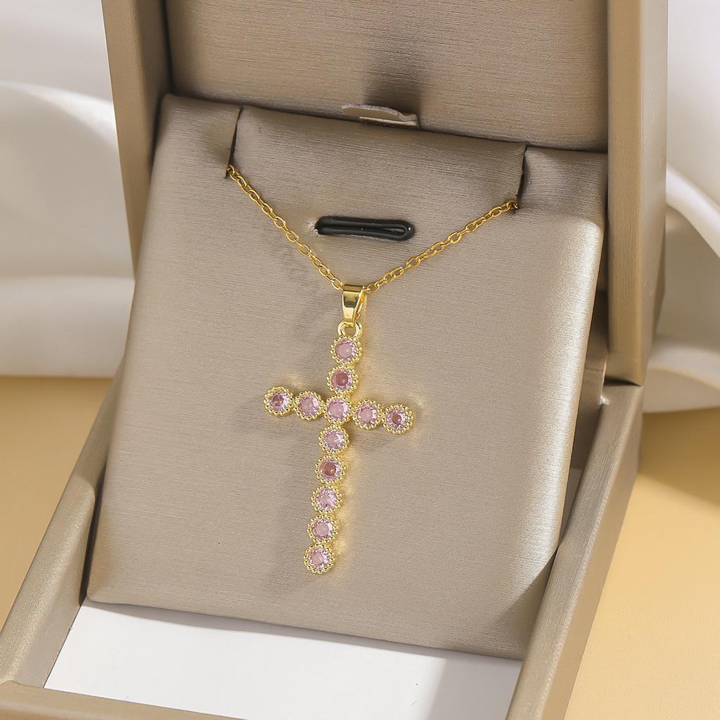 Cool Luxury Shiny Zircon Cross Pendant Necklaces for Women Men Fashion Stainless Steel Chains Collar Jewelry Accessories Gift