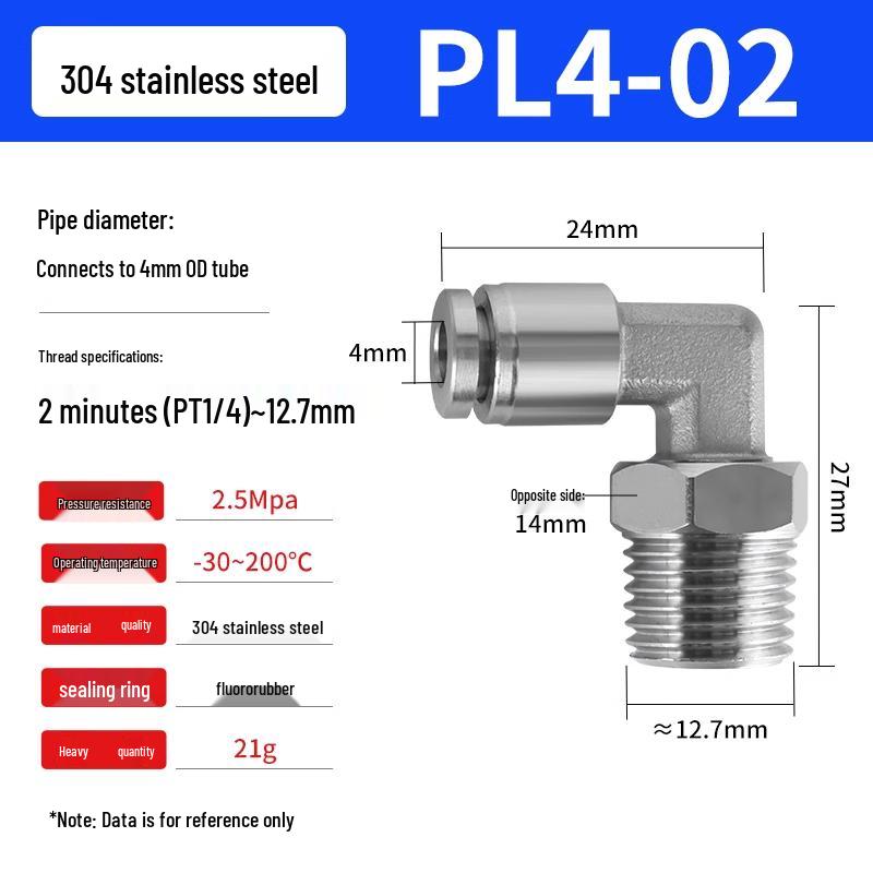 304 Stainless Steel Pneumatic Quick Push-in Connector, PC16-06/PC8-02 Swivel Elbow, PL6-M5/04
