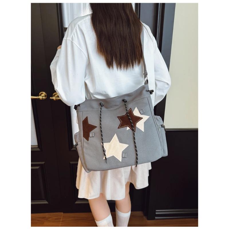New Vintage Canvas Tote Bag for Women Star Decor Large Capacity Shoulder Crossbody Bag for Work Commute