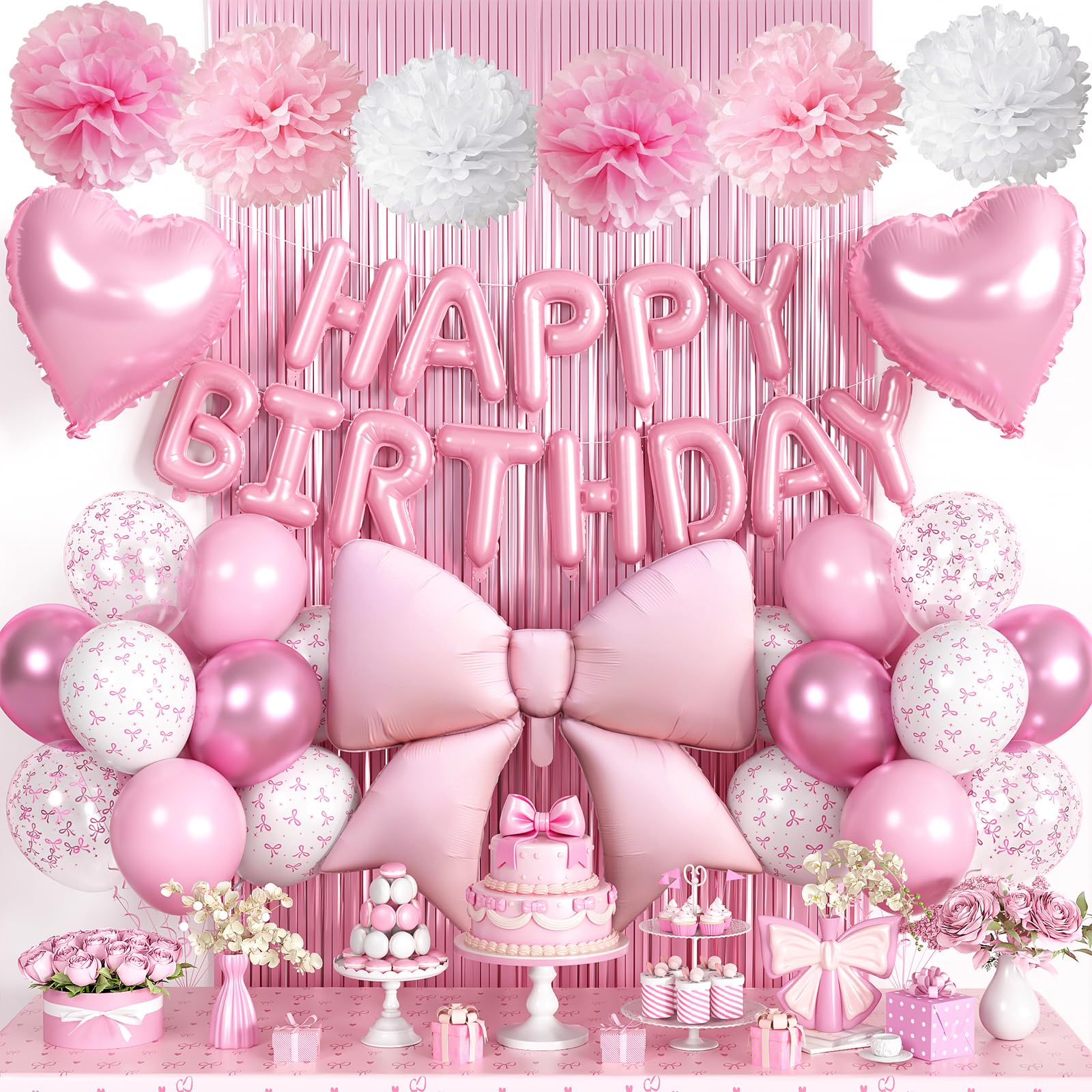 

Tonpop Birthday Decoration Balloon Set Pink Balloons Garland Ribbon Heart Tassel Curtain Paper Flowers Party Decor for Girls