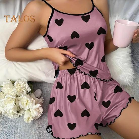 Women's Cami Pajama Set Sleeveless Heart Print Tank Top And Ruffle Shorts Sleepwear Set Summer Two Piece Loungewear Suit