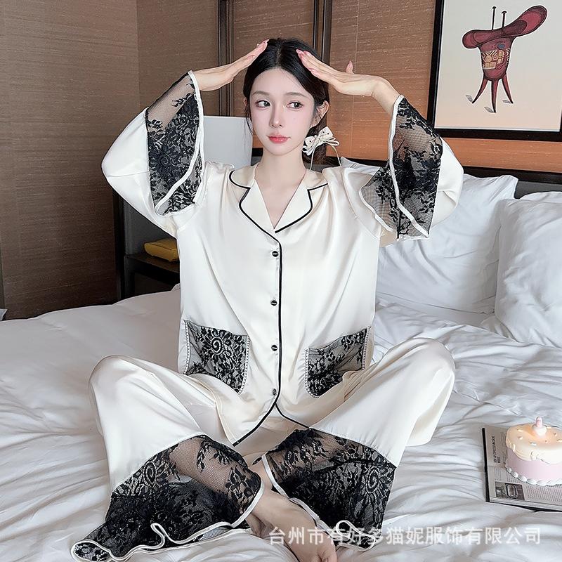 1011 spring and summer new product ice silk national style lace comfortable high-end long-sleeved pajama suit women can wear loungewear