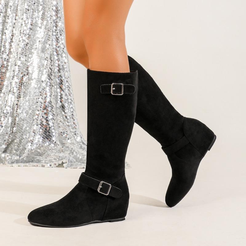 

Simple Belt Buckle Inside Heightened Mid-Tube Boots Fashion Pointed Toe Sleeve Soft Sole Skinny Boots 35 чёрный