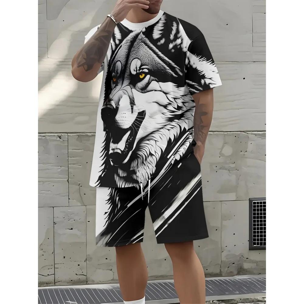 Lion Graphic Print T-shirt Shorts 2-piece Set Men's Short Sleeve Drawstring Waist Shorts Set Breathable Men's T Shirts Clothing