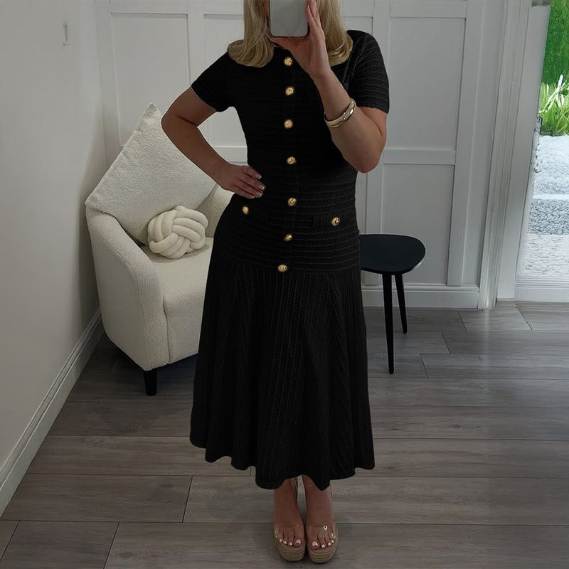 

Fashion Minimalist Elegance Style Button Short Sleeve Maxi Dress Women s Clothing Fall and Winter Black XL