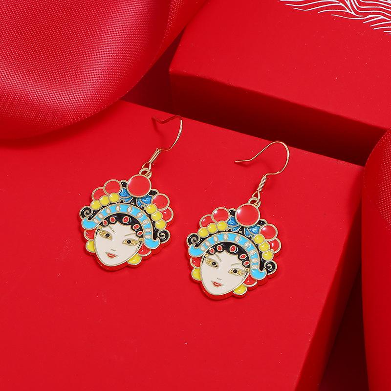 Chinese style knife and horse dan retro Peking Opera face mask earrings femininity long fringed stud earrings red trendy ear jewelry