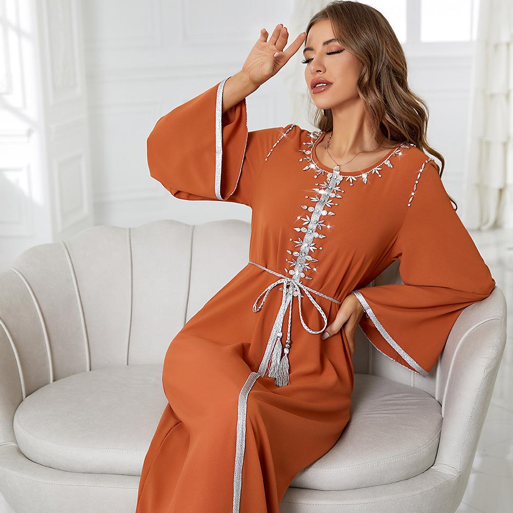 Women's Clothing Orange Round Neck Rhinestone Slim Robe Muslim Dress with Belt