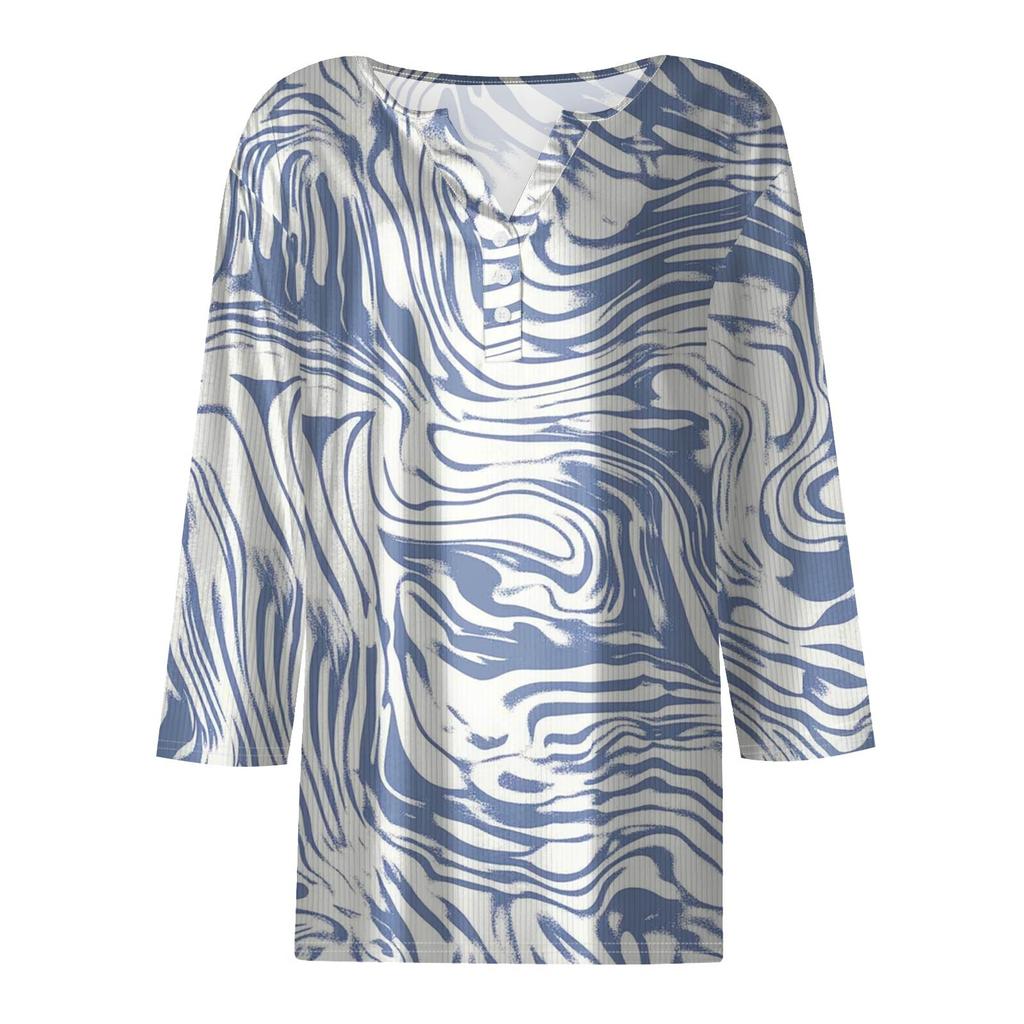 Damen T-Shirt Print Button 3/4 Ärmel Tunika Alltag Wochenendmode Basic V-Ausschnitt Normales Oberteil
