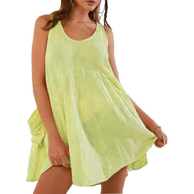 JPNTKY Women's Fashion Summer Spring Solid Color Print O-Neck Sleeveless Casual Dresses