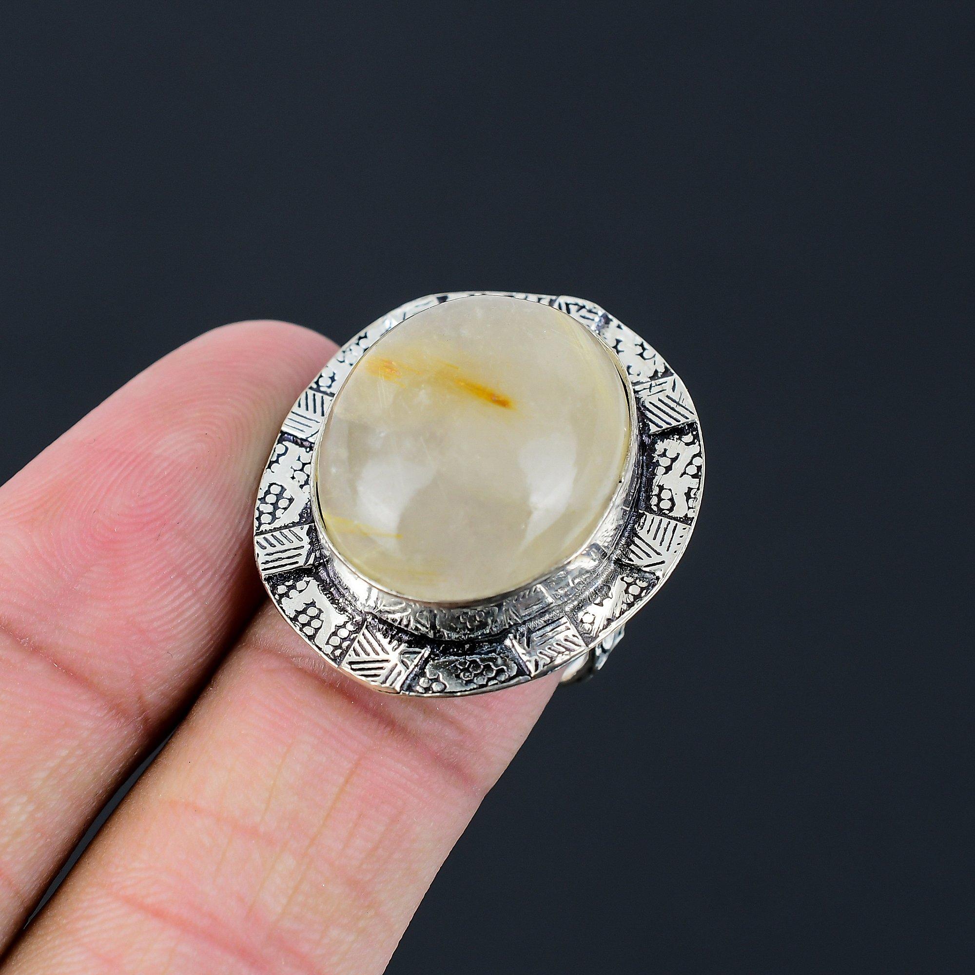 Daughters Day Deal 925 Silver Golden Rutile Gemstone Wife Boho Ring Jewelry US 8 8