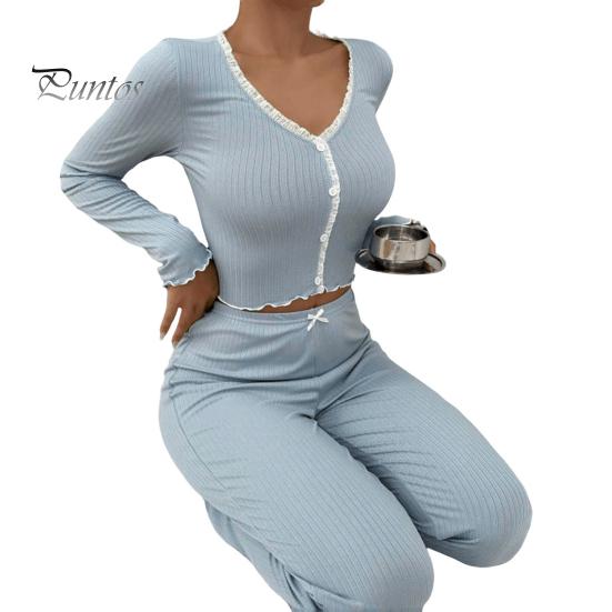 

2 шт./комплект весенний женский топ и брюки костюм с длинными рукавами V-образный вырез кружевная сборка отделка укороченный топ эластичный пояс брюки наряд домашняя одежда пижама комплект XL