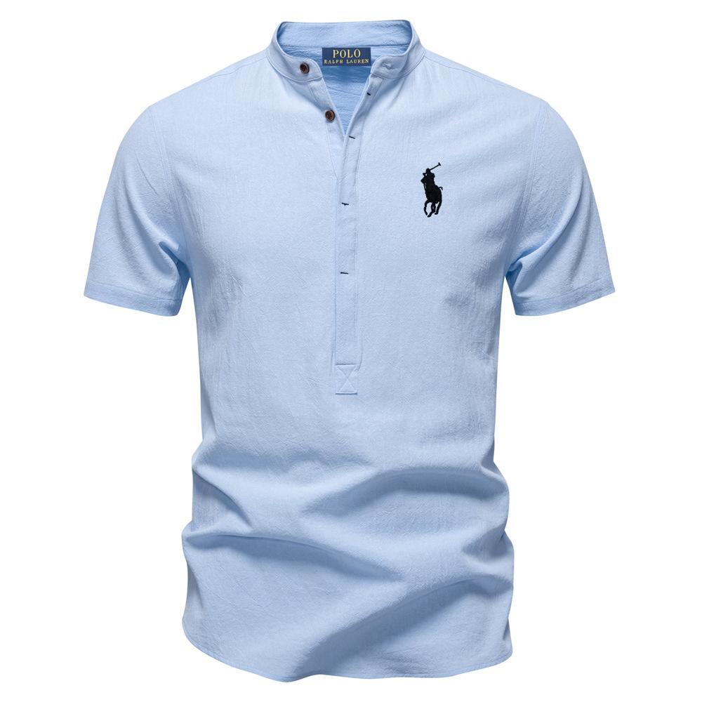 Polo Ralph Lauren Jaro/Léto Pony Vyšívaná Business Casual Košile Pánská Košile s Krátkým Rukávem Bavlněná Lněná Košile Stojáček Bavlněná Košile