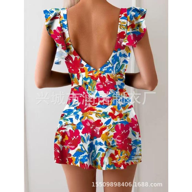 Damen Blumendruck Rüschenärmel Badekleid Seiten Schleife Dekoration Einteiler Badeanzug