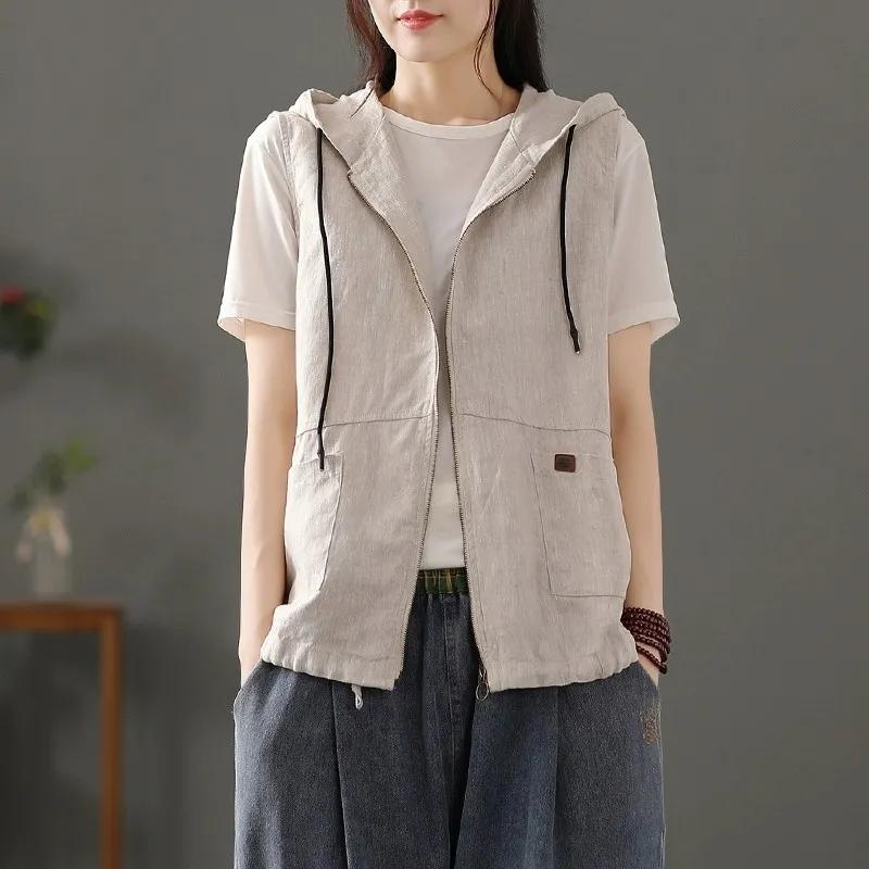 Women Beige Linen Blend Hooded Sleeveless Vest with Drawstring Hem M