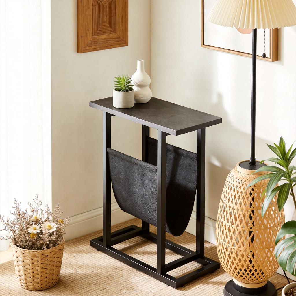 Side Table With Fabric Pocket Coffee Table With Steel Frame Compact Sofa Table Black