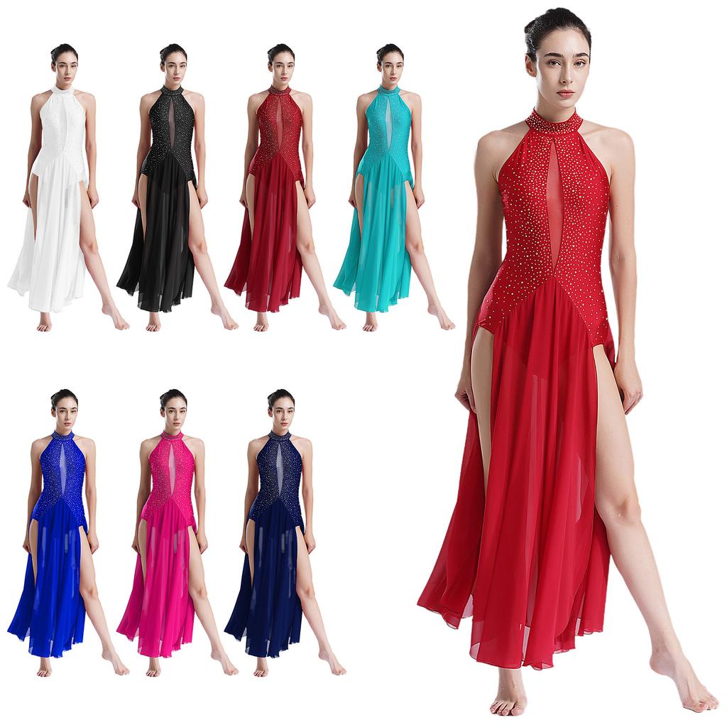 Womens Lyrical Dance Costume Halter Strappy Back Shiny Rhinestones Split Dress Stage Performance