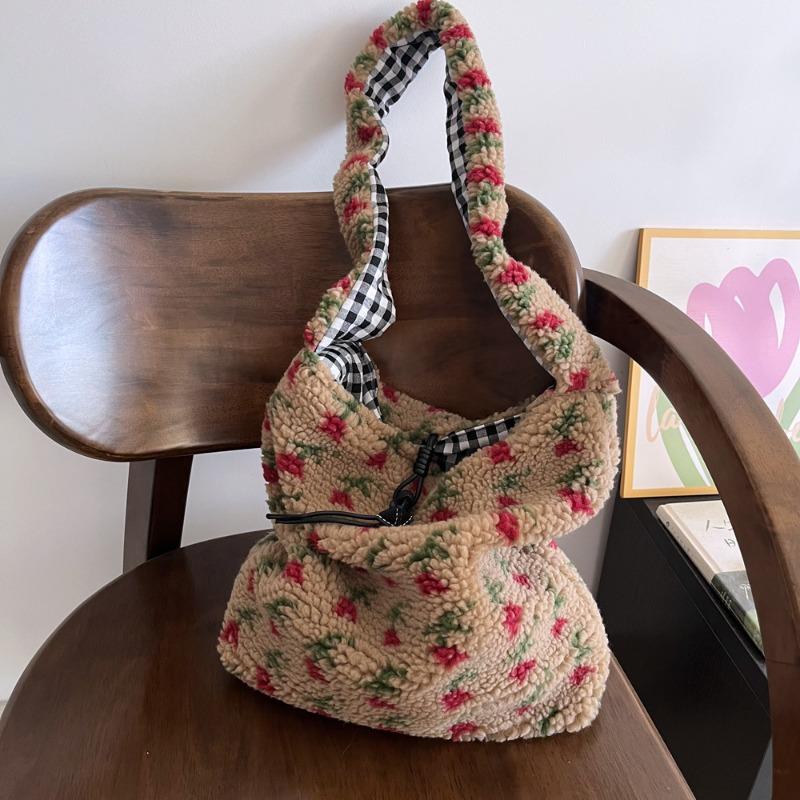 

Autumn and winter new versatile fleece bucket bag, tulip jacquard shoulder bag, messenger bag, large-capacity double-sided bag
