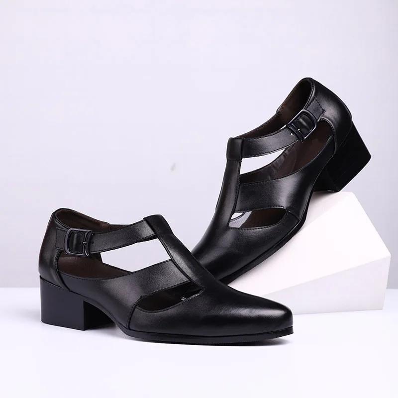 2025 Summer Genuine Leather Shoes Men Sandals Black Height Increasing 6cm Non-slip Office Fashion Brand Male Footwear A4443