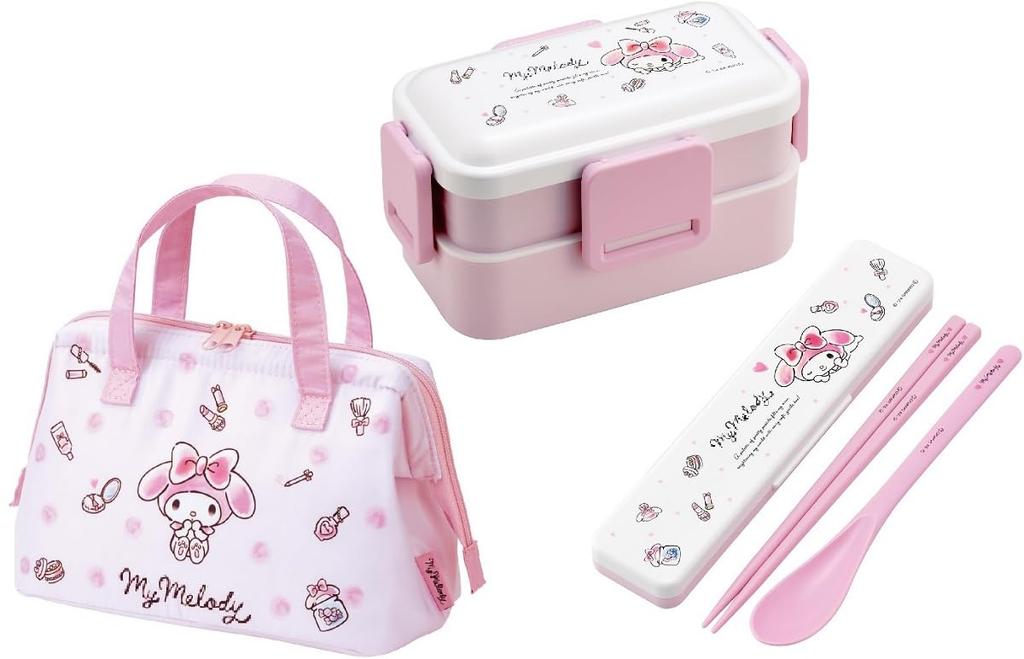 Skater My Melody Watercolor Cosmetics Lunch Dishwasher Combo Set Insulated Lunch Set Box, Antibacterial, Safe, Fluffy, 2-Tier, 4-Point Lock, 600ml,