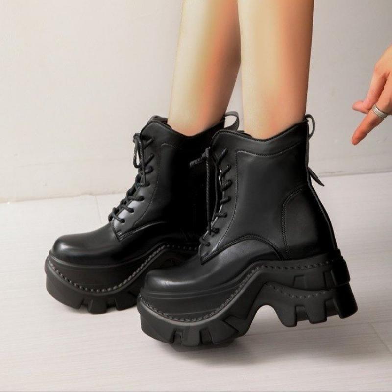 Fashion Punk Solid Black Thick Bottom Ankle Boots Chunky Platform Super High Heel Lace Up Boots Fashion Y2K Height Increase Booties