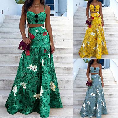 Two-piece Women's Fashion Sexy Summer Suspenders Printed Long Dresses Dress