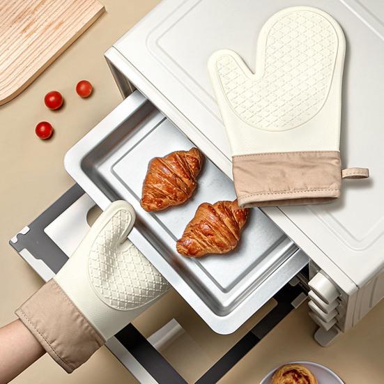 2Pcs Silicone Oven Mitts High Temperature Kitchen Gloves Non-Slip Silicone Lined Oven Gloves Machine Washable Kitchen Gloves for Baking Grilling