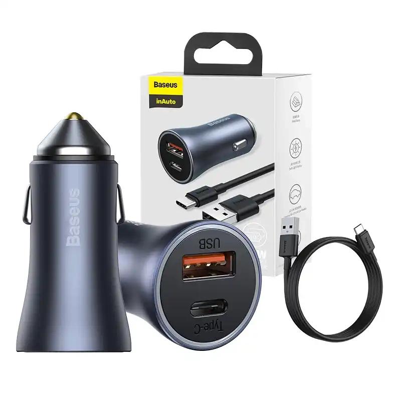 Ładowarka Samochodowa Baseus Golden Contactor Pro, Usb + Usb-C, Qc4.0+, Pd, Scp, 40W (Szara) + Kabel Usb Do Usb-C 1M (Czarny)