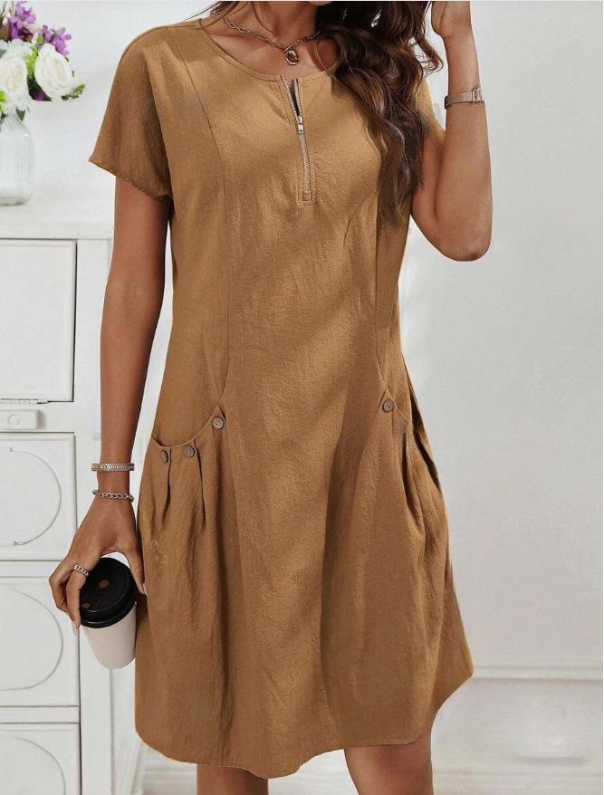 

2025 Summer Women s Short-Sleeve Zipper Pocket Dress for Europe and America L