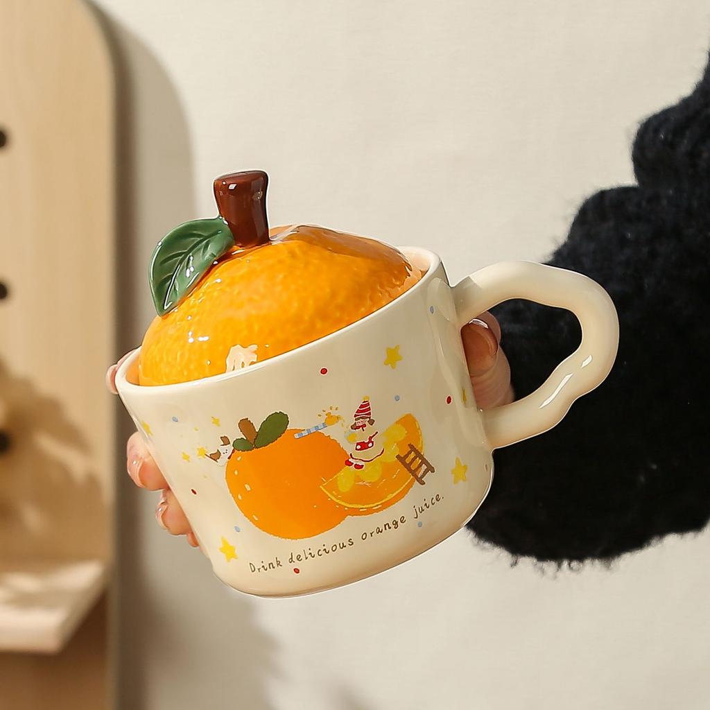 Cute Girl Little Orange with Lid Ceramic Cup Small Gift Set High Temperature Resistant Girls Office Mug Gift Box Set