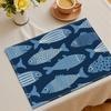 4pcs Cartoon Fish Placemats Navy Blue Light Blue Pattern Washable Table Mats for Ocean Theme Café Kids Dining Decor