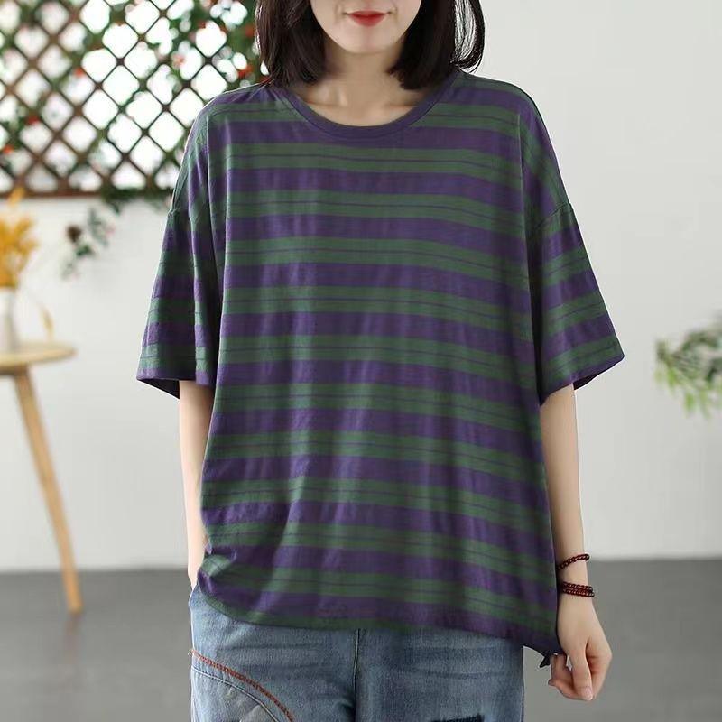 T-shirt for Women Summer Large Size Cotton T-shirt Soft Loose Striped Casual Pullover T-shirt Top