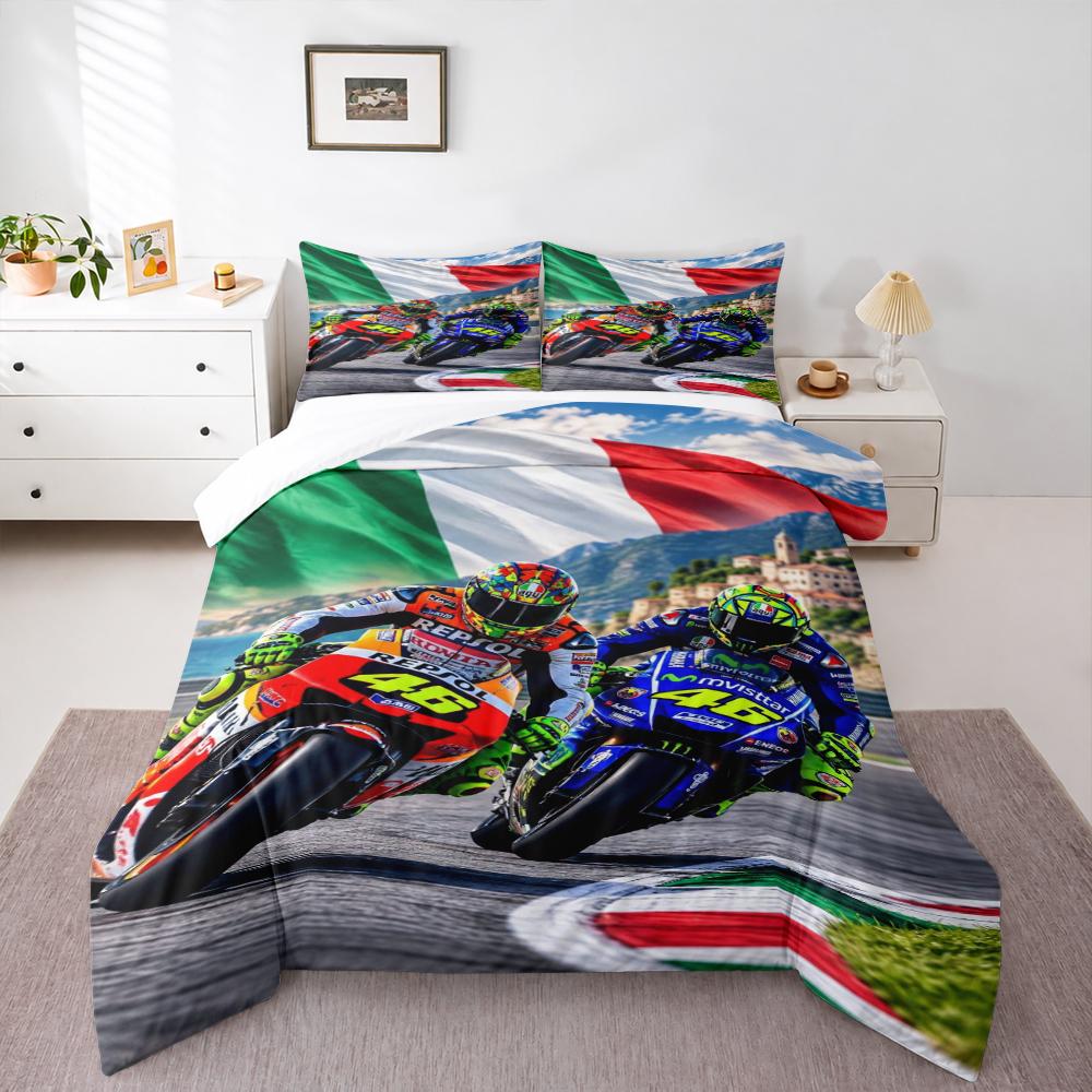 3 Piece Bedding Set with Duvet Cover and 2 Pillowcases - Valentino Rossi 46 Dual Bikes Italian Flag Print - Blue Orange Track Decor