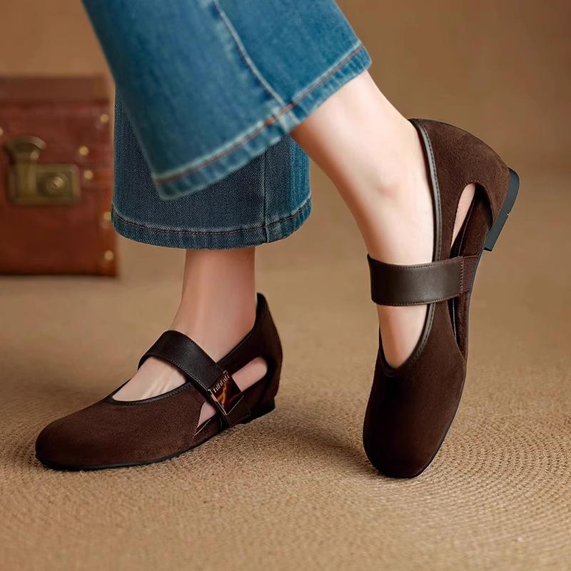 Vintage French matte inner heightening round head flat bottom Mary Jane women's shoes soft leather soft sole comfortable ballet single shoes women