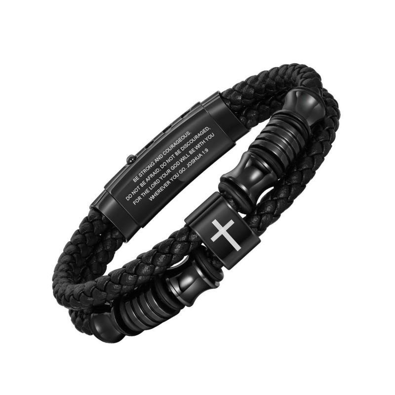 Mens Adjustable Stainless Steel Cross Pendant Braided Leather Bracelet Fashion Casual Wear