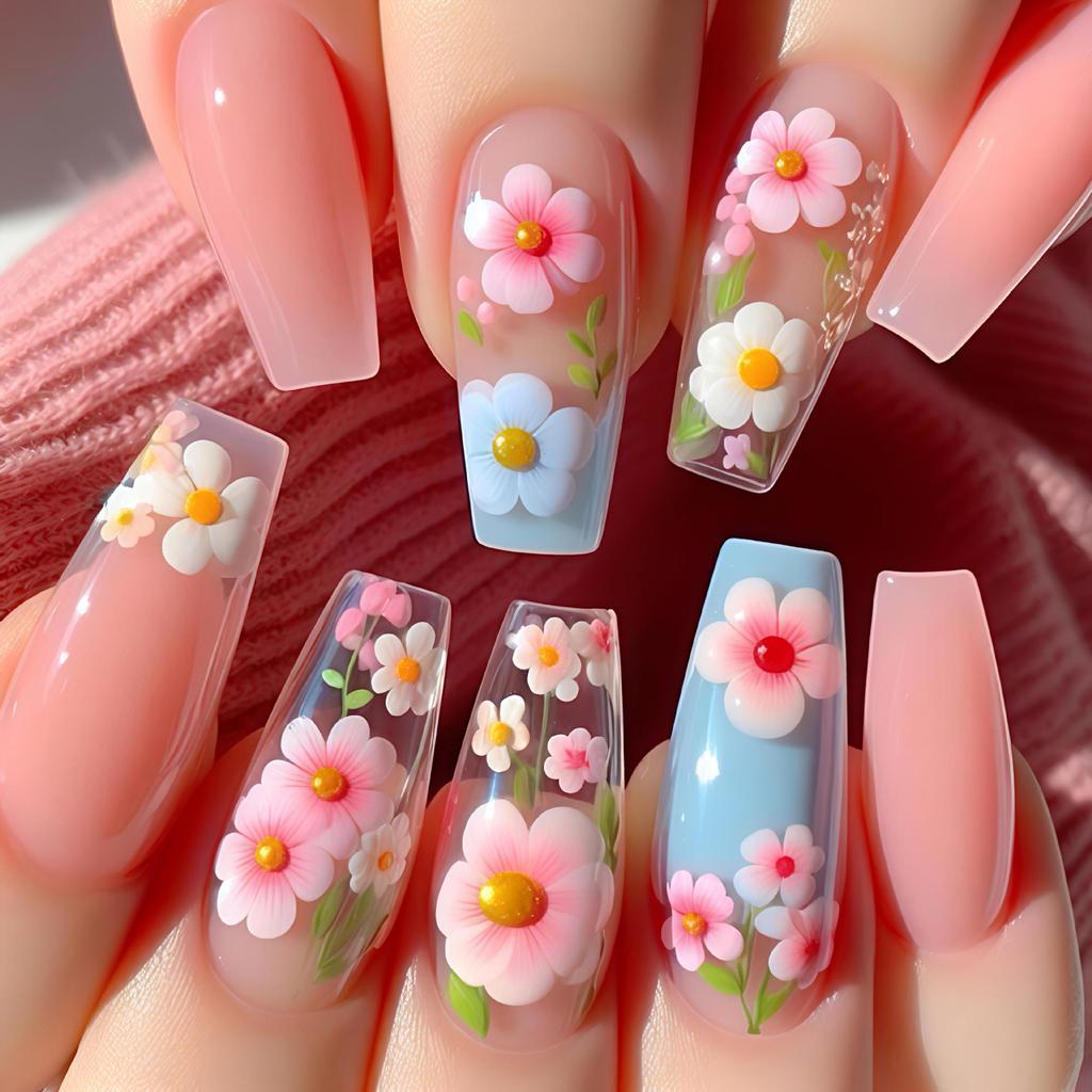 Wearable Floral Nail Tips and Detachable Nail Art Stickers - False Nails