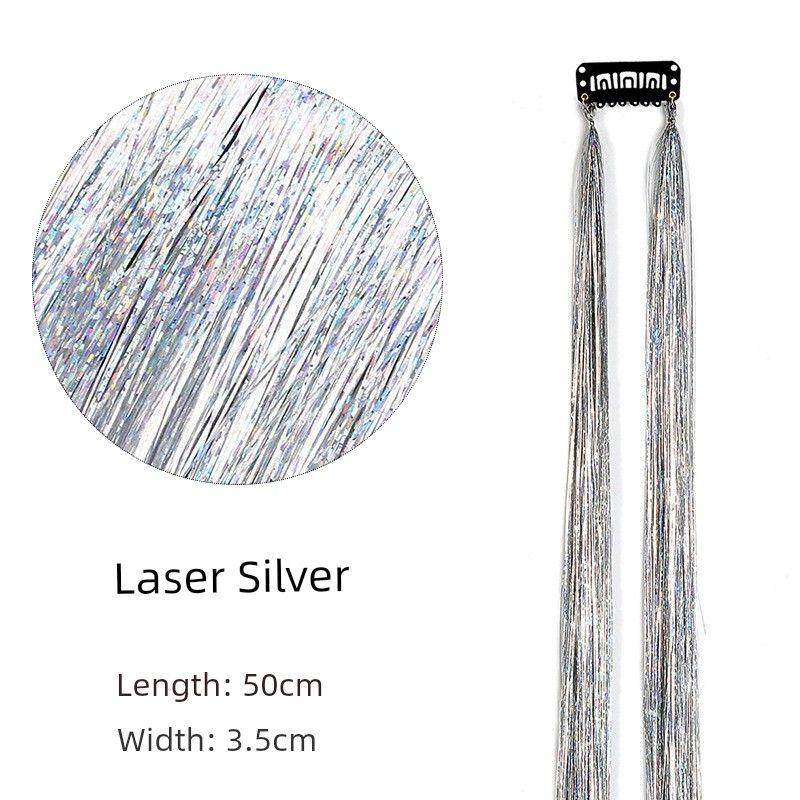 

Золотой шелк, подвесные серьги, окрашенный цвет, шелковая мишура, заколка для волос, цветной лазерный, золотой шелк, наращивание волос, окрашенный, лазерный шелк, парик BB clip laser-Silver (one pair)(Hot sale) 50cm