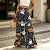 Women's High Waist Wide Leg Pants with Pockets - Halloween Print Drawstring Elastic Waist Loose Casual Trousers
