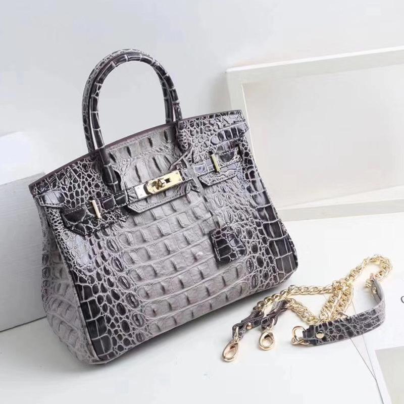 Geantă platină cu model os de aligator texturat, piele naturală, lanț nou la modă, atmosferic, geantă de mână, geantă de umăr messenger de capacitate mare.