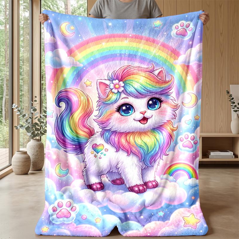 Rainbow Kitten Fantasy Theme Blanket Lightweight Warm Flannel Blanket Decorative Throw Blanket for Home Decoration